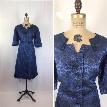 Vintage 50s dress | Vintage blue black damask party dress | 1950s blue floral paisley cocktail dress 
