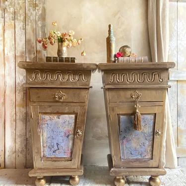 Sold Wood Metallic Gold and Bronze  Bedside Tables | Gold Nightstands | Eclectic Side Tables 