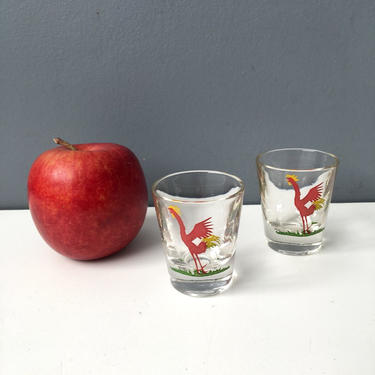 Federal Glass Red Rooster shot glasses - a pair - vintage 1950s barware 