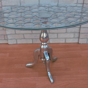 Vintage Oval Aluminum Glass Top Side Bistro Accent End Table