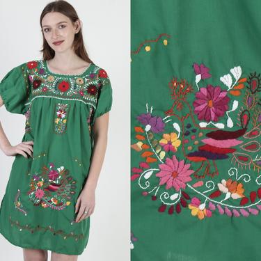 Green Mexican Peacock Dress / Colorful Floral Embroidered Bird Shift Dress / Summer Fiesta Authentic Mexican Coverup Mini Dress 