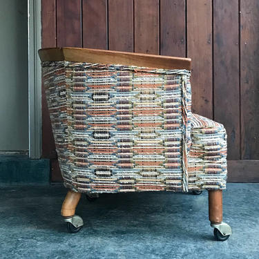 Vintage Erwin Lambeth Slipper Chair on Caster Walnut Tomlinson Mid-Century Mad Men Wheel Petite Boho Bohemian Woven Fabric 