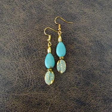Gold patina dangle earrings, turquoise earrings, ethnic earrings, etched geometric earrings, unique statement earrings, boho chic earrings 