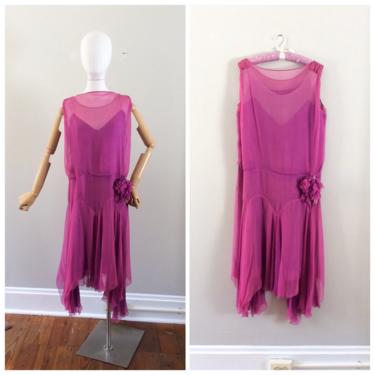 20s Purple Orchid Silk Chiffon Party Dress / 1920s Vintage Gatsby Flapper Drop Waist Dress / Medium / Size 10 