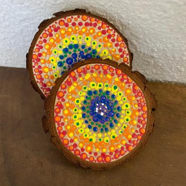 Rainbow Coasters Hand Painted Wood Set of 2 