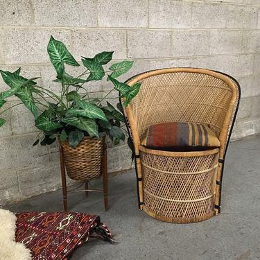 LOCAL PICKUP ONLY Vintage Wicker Barrel Chair Retro 1970's Bohemian Tan and Black Straw High Back Lounge Chair Boho Decor 
