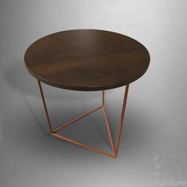 Modern End Table with Round Walnut Top and Orange Triangle Steel Base 