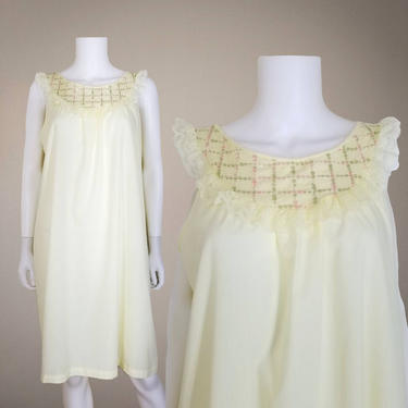 Vintage Shift Nightgown, Small / Embroidered Yoke Yellow Nightie / 1970s Katz Sheer Babydoll Nightgown / Light Sleeveless Summer Nightgown 