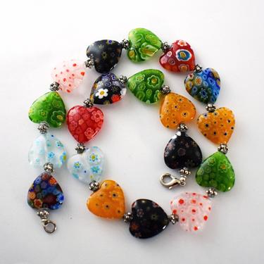 Vibrant 90's Millefiori glass floral heart beads silver tone metal necklace, unusual Murano glass flowers sweetheart choker 