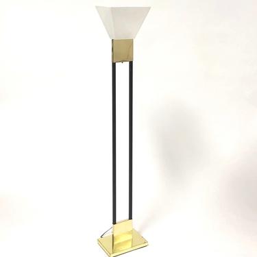 Vintage brass and black metal torchiere lamp with acrylic shade 