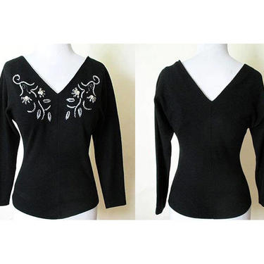 Lovely 1950's Designer  Beaded Black Wool Blouse with Dramatic Plunging Neckline &amp; Dolman &amp;quot;Bat&amp;quot; Sleeves Size Small 