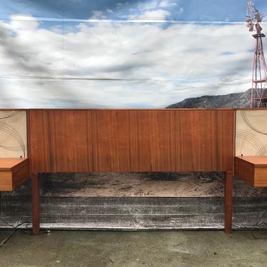Mid Century Modern Teak Headboard With Attached Nightstands and Built In Lights 