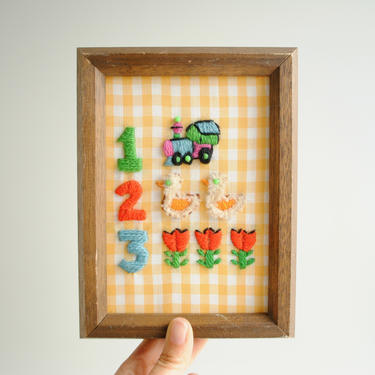 Vintage Children's Embroidery, Framed Numbers Embroidery with Train, Ducks, and Flowers on Yellow and White Gingham 