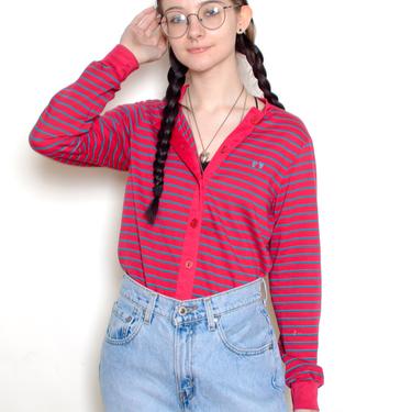 Vintage 80's HANG TEN Striped Long Sleeve Shirt Sz S 
