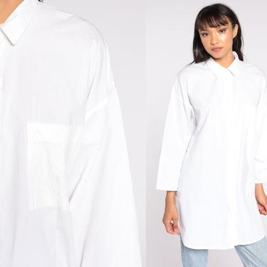 White BUTTON UP Shirt 80s Blouse Vintage 80s Plain Simple Collared Shirt Cotton Top 90s Retro Plain Long Sleeve 2xl xxl 