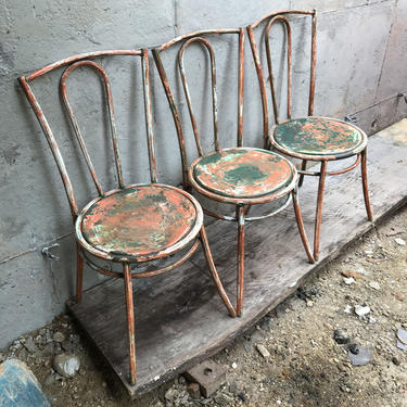 Set of 3 Art Deco French Vintage Industrial Modernist Metal Bistro Chair Mid-Century Prouve Perriand 