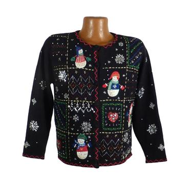 Ugly Christmas Sweater Vintage Cardigan Snowman Holiday Tacky Women's size  P L 