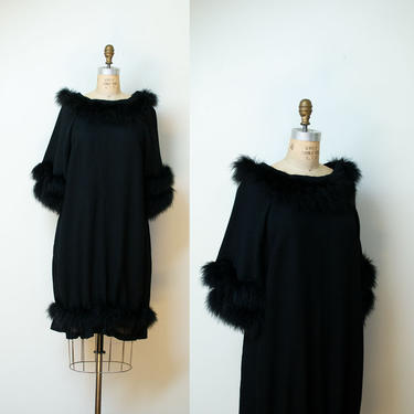 1960s Black Feather Trim Dress / 60s Hostess Lounge Dress 