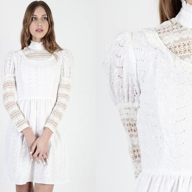 Vintage 70s Eyelet Embroidered Dress Puff Sleeve Above The Knee Dress Lace Bohemian Prairie Wedding Floral Lace Sheer Boho White Mini Dress 