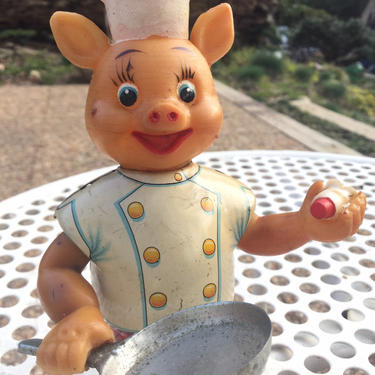 Vintage Piggy Yonezawa Wind-Up Tin Toy Clockwork Cooking Pig Character Frying Pan Lithograph Friction Chef Cook 