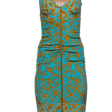 Nicole Miller - Blue & Gold Filigree Printed Silk Slip Dress Sz 0