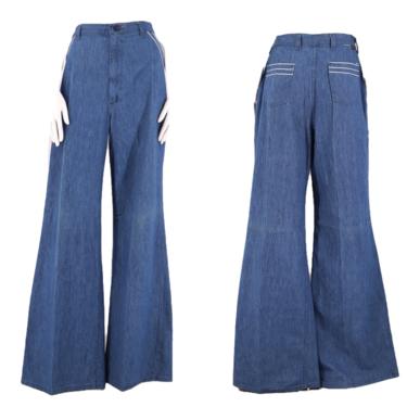 70s WRANGLER high waisted denim bell bottoms jeans 32  / vintage 1970s silver trim pants sz XL 12- 14 