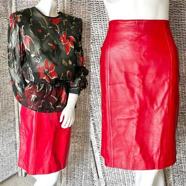 Red Leather Skirt, High Waist, Pencil Skirt, Size 14 US 