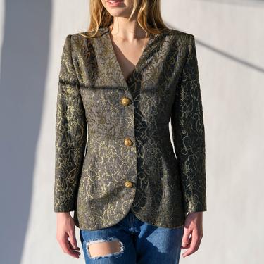 Vintage 80s Givenchy Gray & Metallic Gold Floral Brocade Broad Shoulder Blazer w/ Gold Wire Buttons | Made in France | 1980s Designer Jacket 