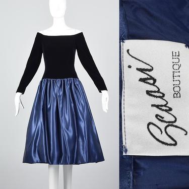 XS Off Shoulder Evening Dress Long Sleeve Evening Gown Blue Satin Prom Dress Taffeta Drop Waist Scaasi Boutique Vintage 1990s 90s 