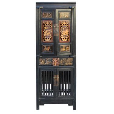 Chinese Black Golden Carving Narrow Wood Storage Wardrobe Hutch Cabinet cs4563S