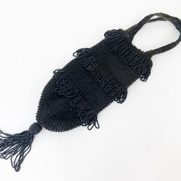 1900s Black Beaded Evening Bag | Black Crochet Drawstring Purse 