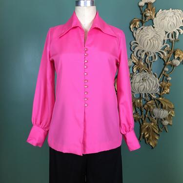 1970s blouse, hot pink blouse, balloon sleeve, vintage 70s shirt, mod blouse, biba style, Judy bond, retro style, medium, bishop sleeves, 34 