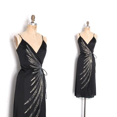 Vintage 1970s Dress / 70s Glitter Disco Wrap Dress / Black and Silver ( S M ) 