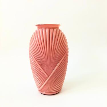 Large 1980s Pleated Pink Deco Glass Vase 