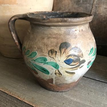French Floral Stoneware Pitcher, Hand Painted Pottery Jug, Vase, Rustic Farmhouse Table, 19th C Redware 