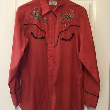 Western Shirt H bar C California Ranchwear Mens RED embroidered pearl snap smile pockets L XL 