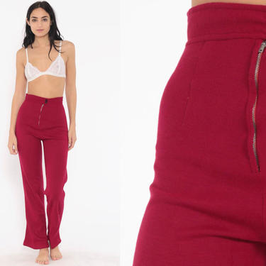 Red Bell Bottoms Pants 23 -- 70s Boho Hippie Bellbottom Cherry Red High Waisted 1970s Vintage Bohemian Trousers Rise Extra Small xxs xs 24 