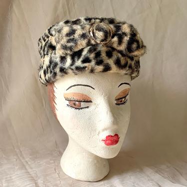 Glam Leopard Print Hat, Faux Fur, Pillbox Style, Vintage 60s, Mid Century Fashion 