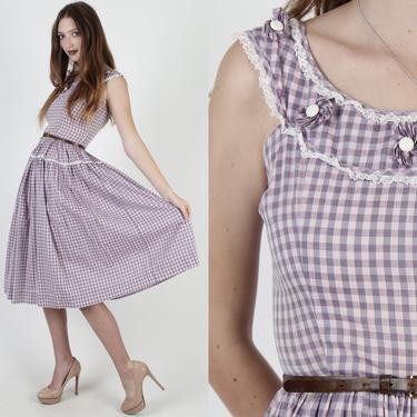 Purple Gingham Knee Length Dress / Vintage 1950s White Checker Print Dress / 50s Checkered Plaid Dress / Womens Country Fair Mini Dress 