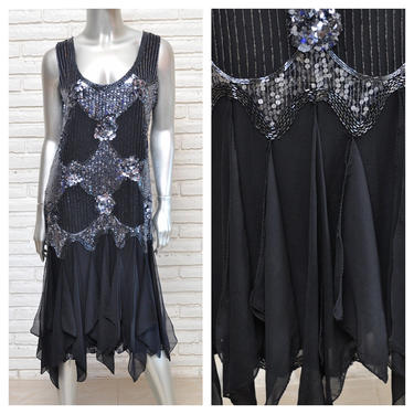 Vintage Black Silk Sequins and Beaded Flapper Dress Size Medium Roaring 20’s Style Formal Dress Hans Beaded 