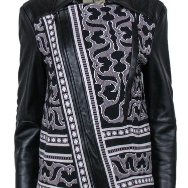 BCBG Max Azria - Black Leather Zip-Up Jacket w/ Woven Tapestry Design Sz S