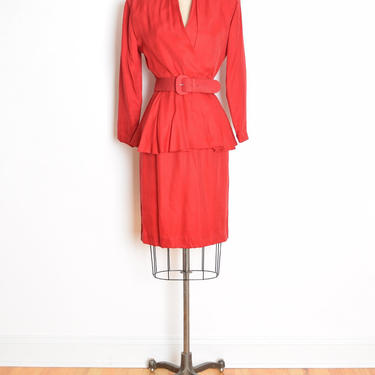 vintage 80s dress red silk peplum surplice belted secretary midi S M clothing 