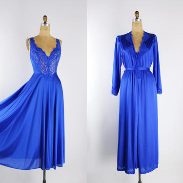 70s Olga Electric Blue Lace Nightgown Peignoir Set / Olga Slip dress / Wedding Lingerie / Vintage Nightgown / Vintage Lingerie /Size S/M 