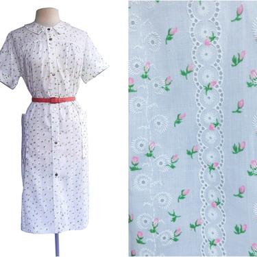 Vintage 70s white floral day dress| tiny rose print| SiLin Design dotted swiss floral &amp; geometric swirls 