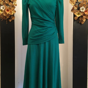 1980s draped dress, vintage 80s dress, wool jersey dress, size small medium, puff shoulders, Kamisato dress, emerald green dress, 27 waist 