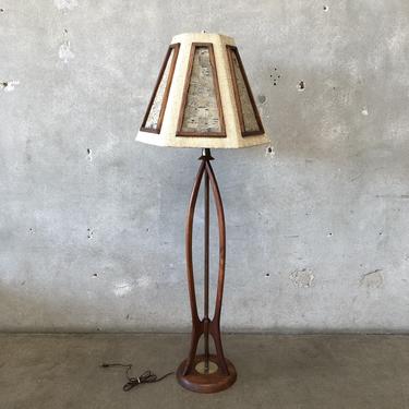 Mid Century Wood &amp; Brass Floor Lamp with Matching Shade