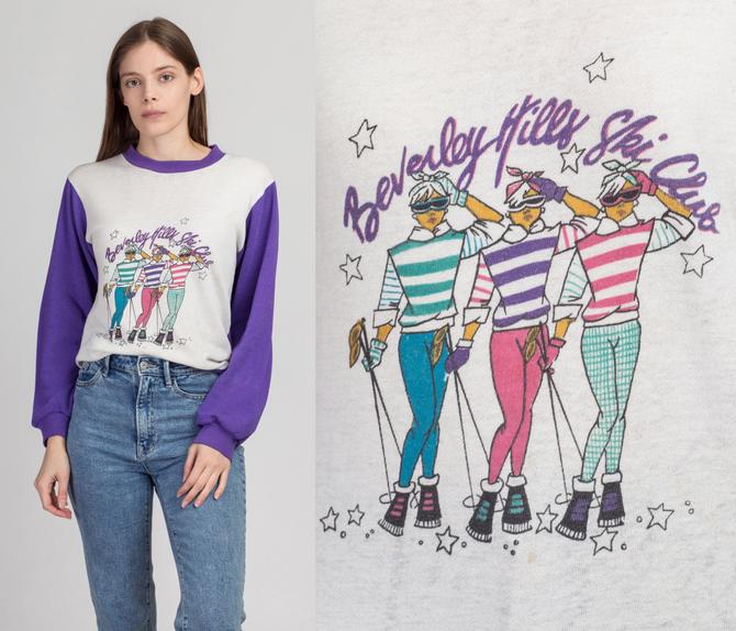 80s Beverly Hills Ski Club Sweatshirt - Medium | Vintage Color Block Distressed Pajama Pullover Top 