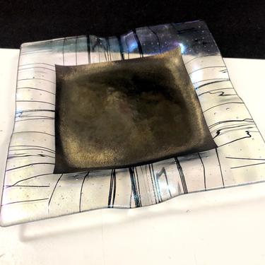 Kurt McVay Dichroic Metallic Iridescent Square Fused Art Glass Dish 8” 