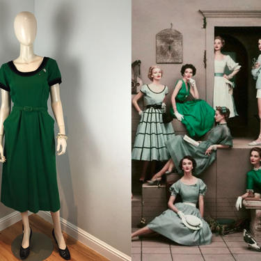 Fashion House Green - Vintage 1940s 1950s Bright Emerald Green Wool & Black Velvet Dress 