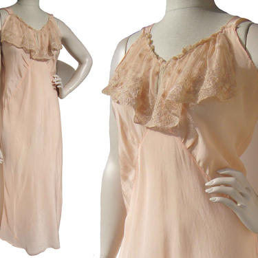 Vintage 30s Nightgown Peach Rayon & Lace Lingerie M 